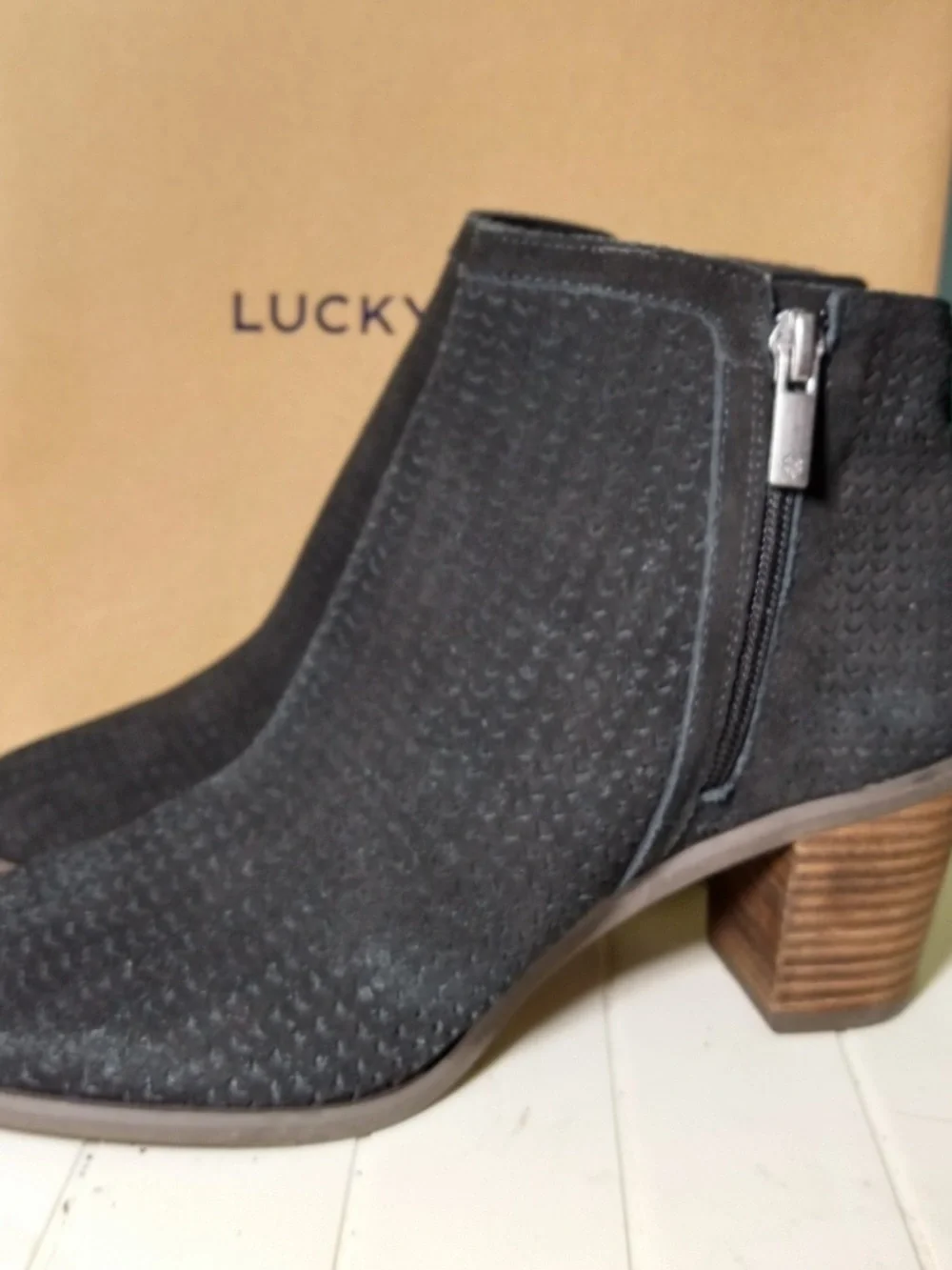 Lucky Brand Black Suede Textured Ankle Booties with Side Zip